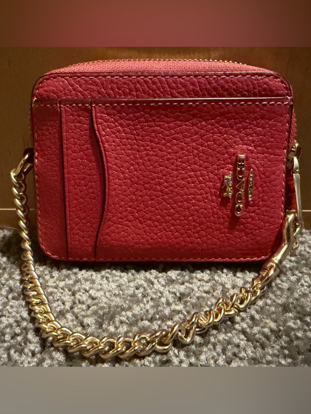 Coach Pebbled Leather pink Wristlet with Gold Chain